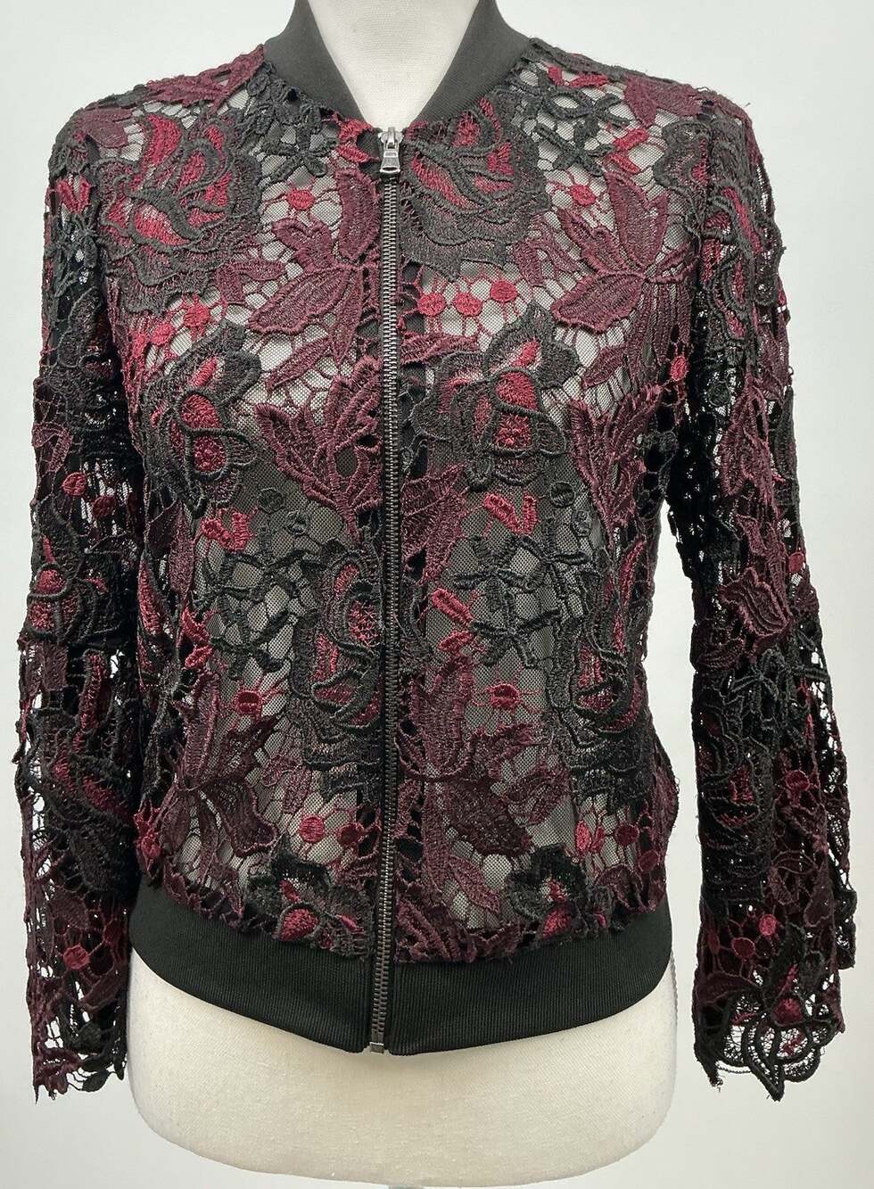 Kobi Halperin Toryn Lace Bomber Jacket Women's M Burgundy Black Floral Sheer